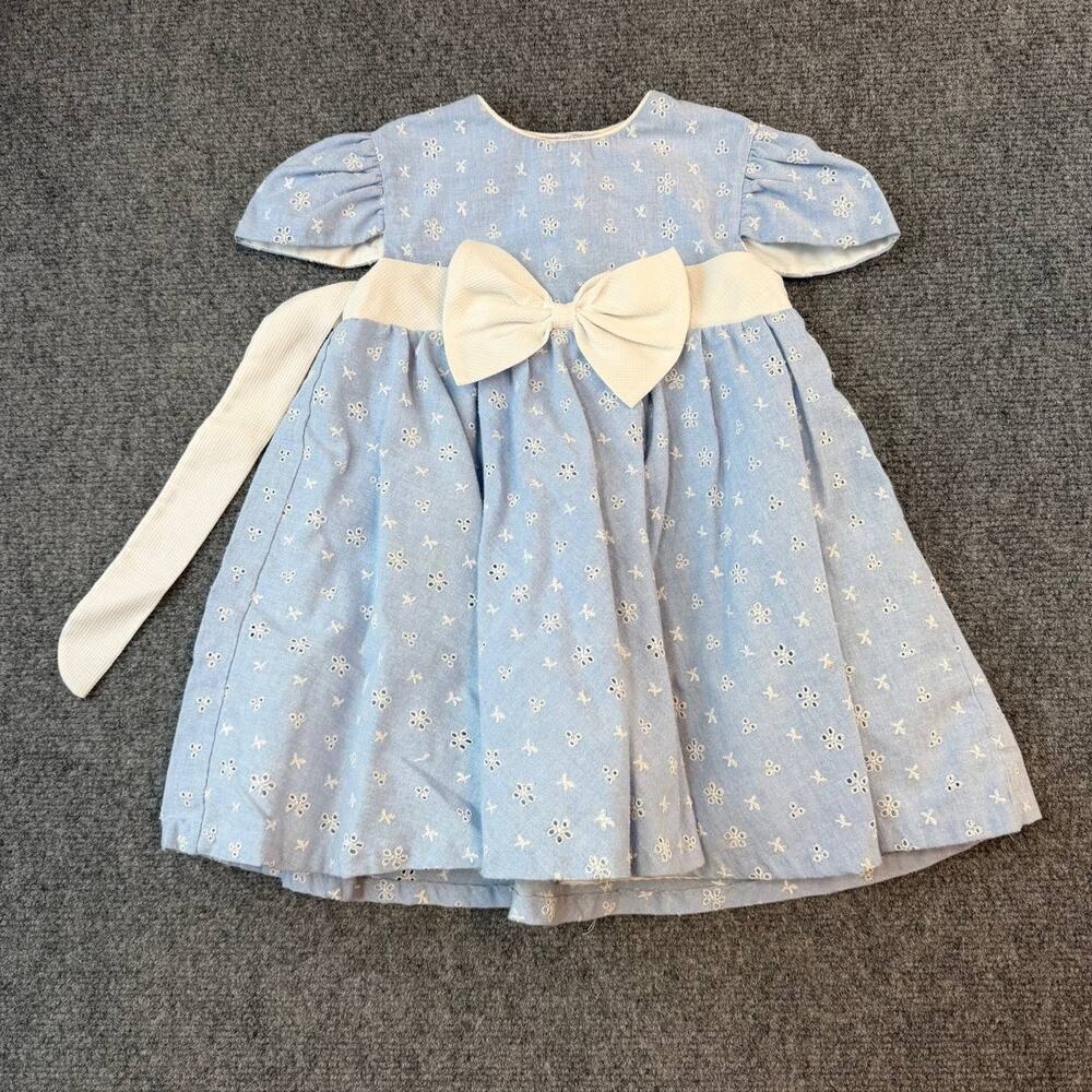 Vintage Little Bitty Baby Blue Eyelet Dress Bow Tie Baby Girl 12–24M